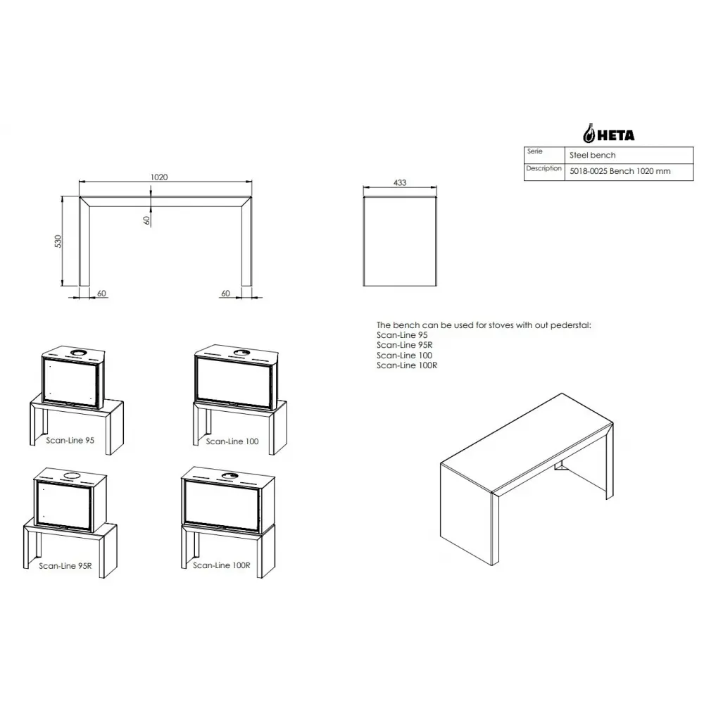 Дизайнерський камін з підставкою HETA Scan-Line 100/100R Bench 1020 mm black