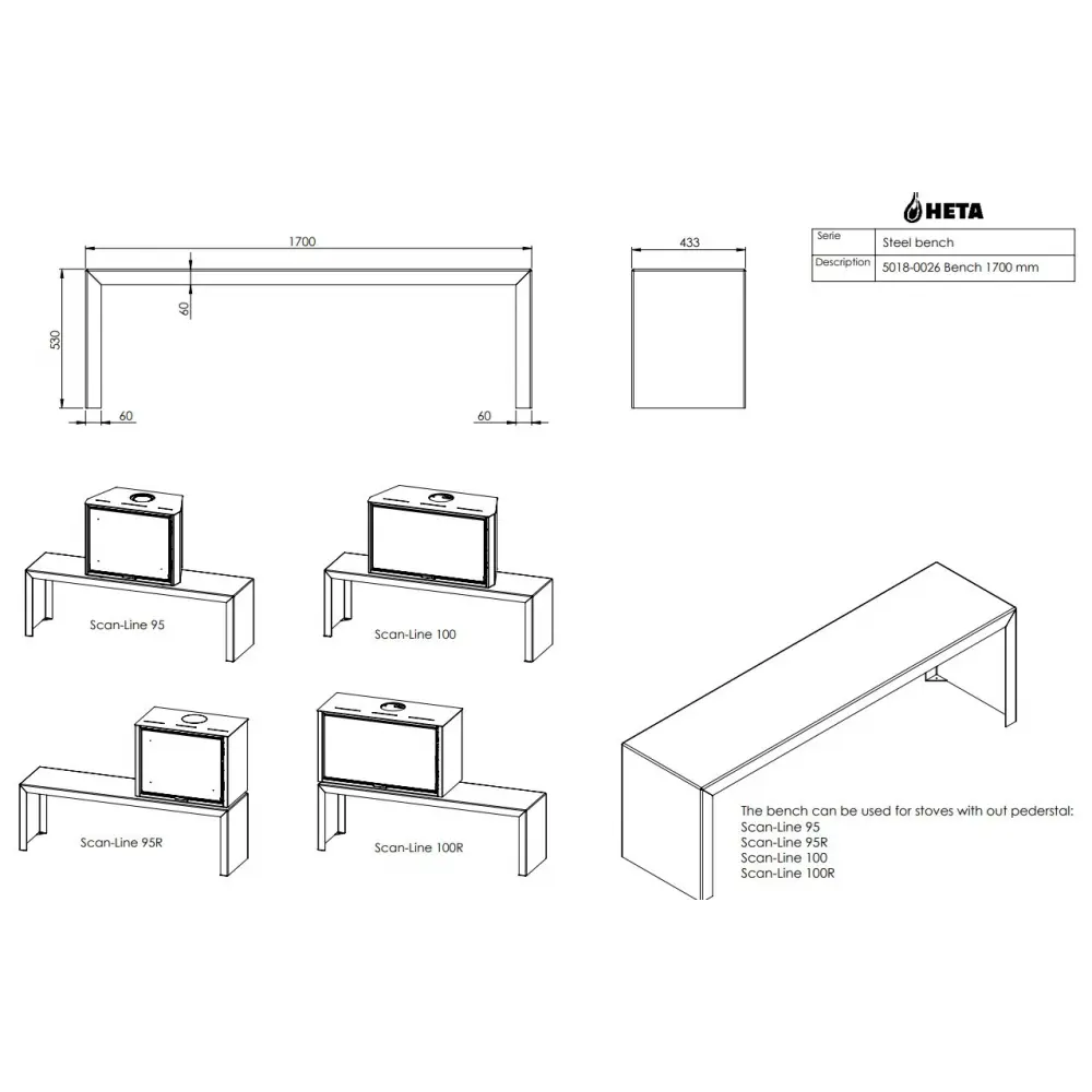 Дизайнерський камін з підставкою HETA Scan-Line 100/100R Bench 1700 mm black