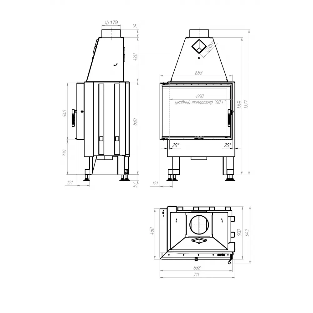 Каминная топка M-FIRE 60 (690/540) угловая левая (14kW)