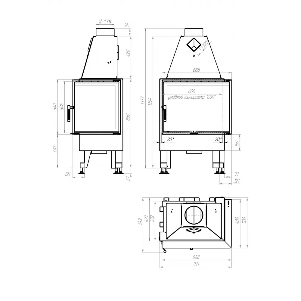 Камінна топка M-FIRE 60 (690/540) кутова права (14kW)