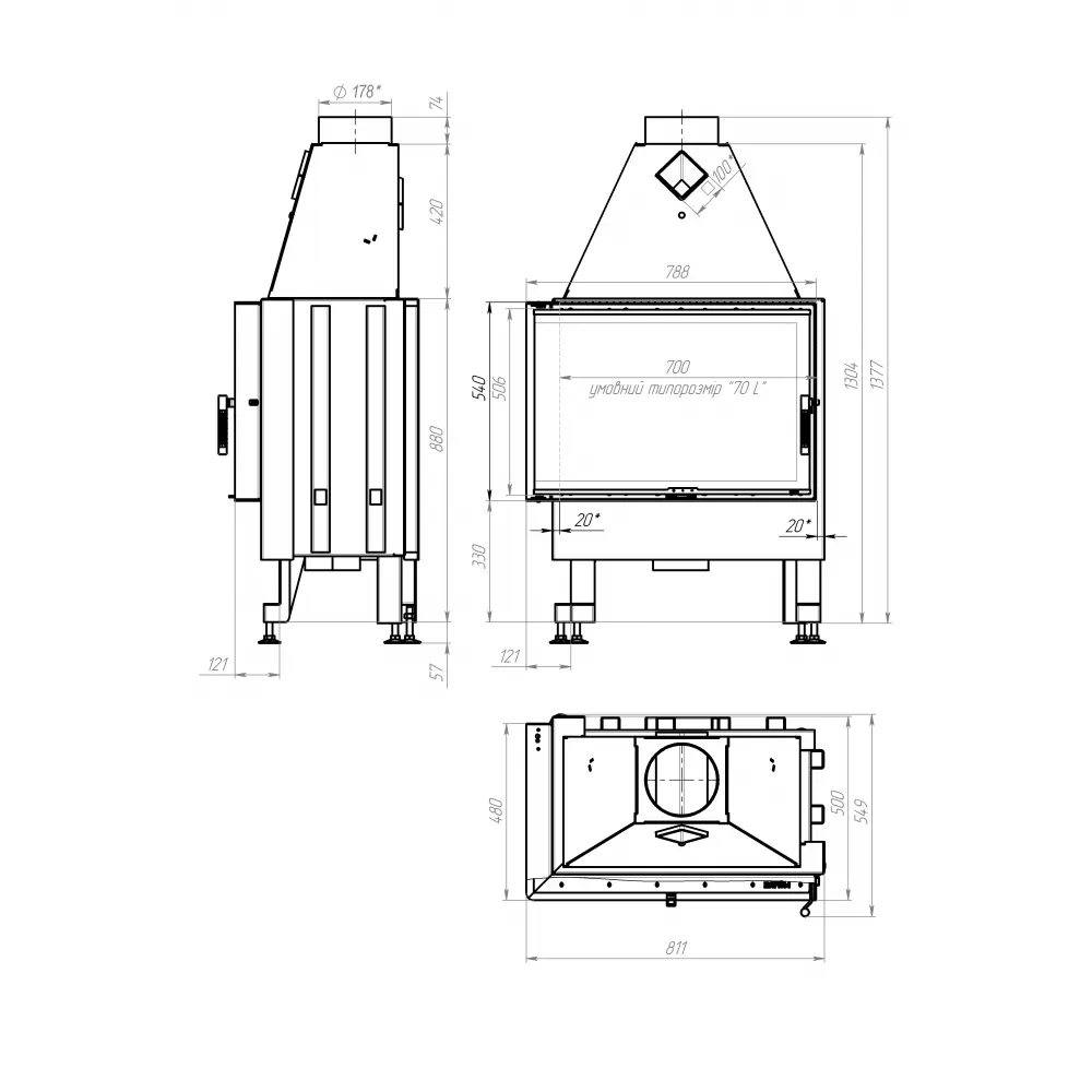 Каминная топка M-FIRE 70 (790/540) угловая левая (15kW)