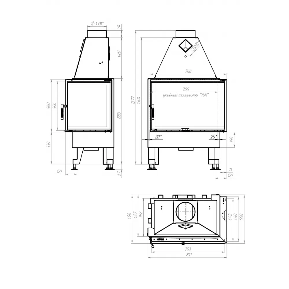Каминная топка M-FIRE 70 (790/540) угловая правая (15kW)