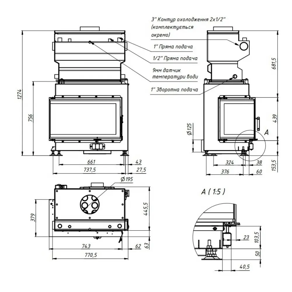 Кутова камінна топка з водяним контуром Gavryliv & Sons 74x37x44 WM P
