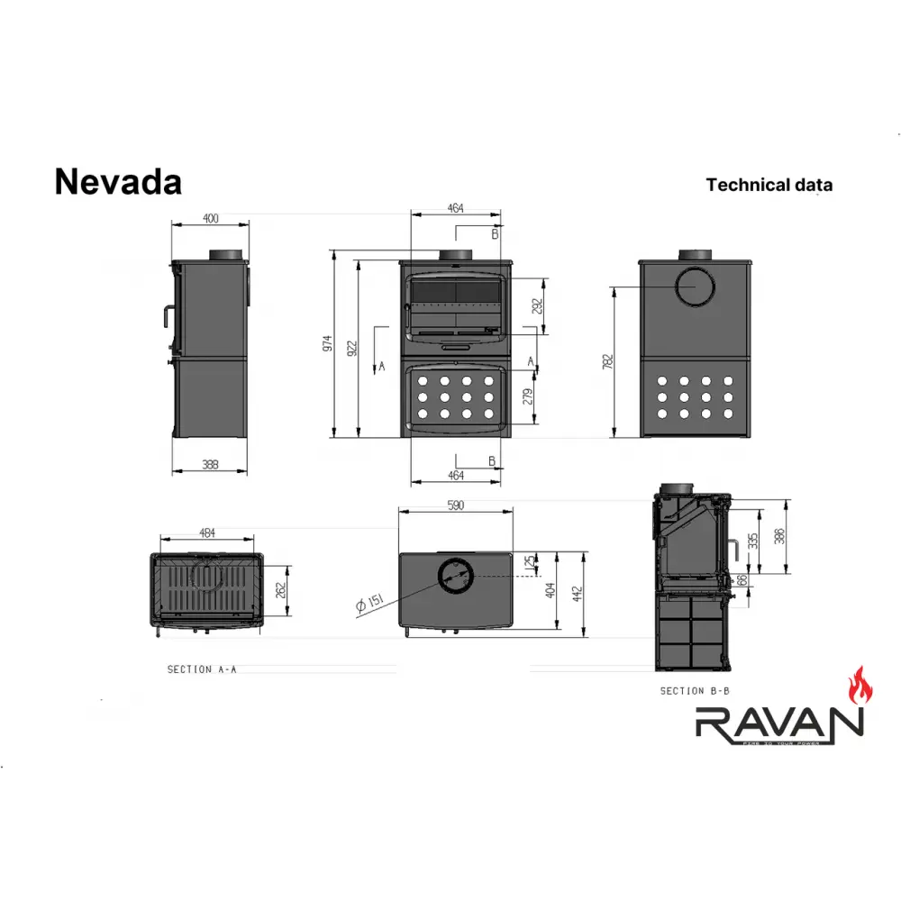 Чавунна піч-камін на дровах Nevada 14 кВт Ravan