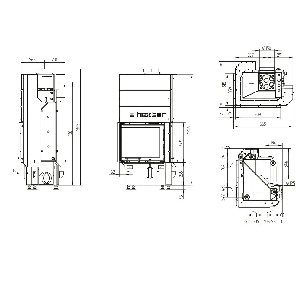 Камінна кутова топка з водяним контуром Hoxter ECKA 50/35/45 Wh