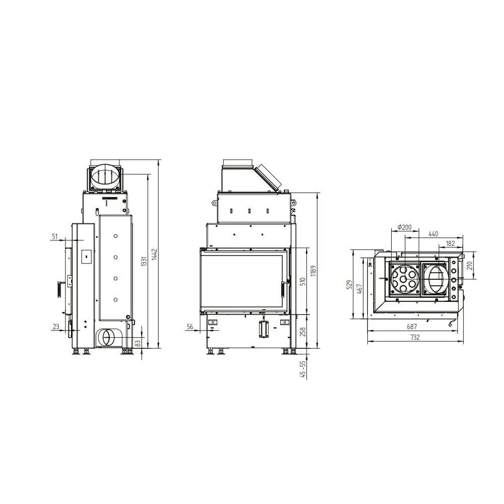 Камінна кутова топка з водяним контуром Hoxter ECKA 67/45/51 W
