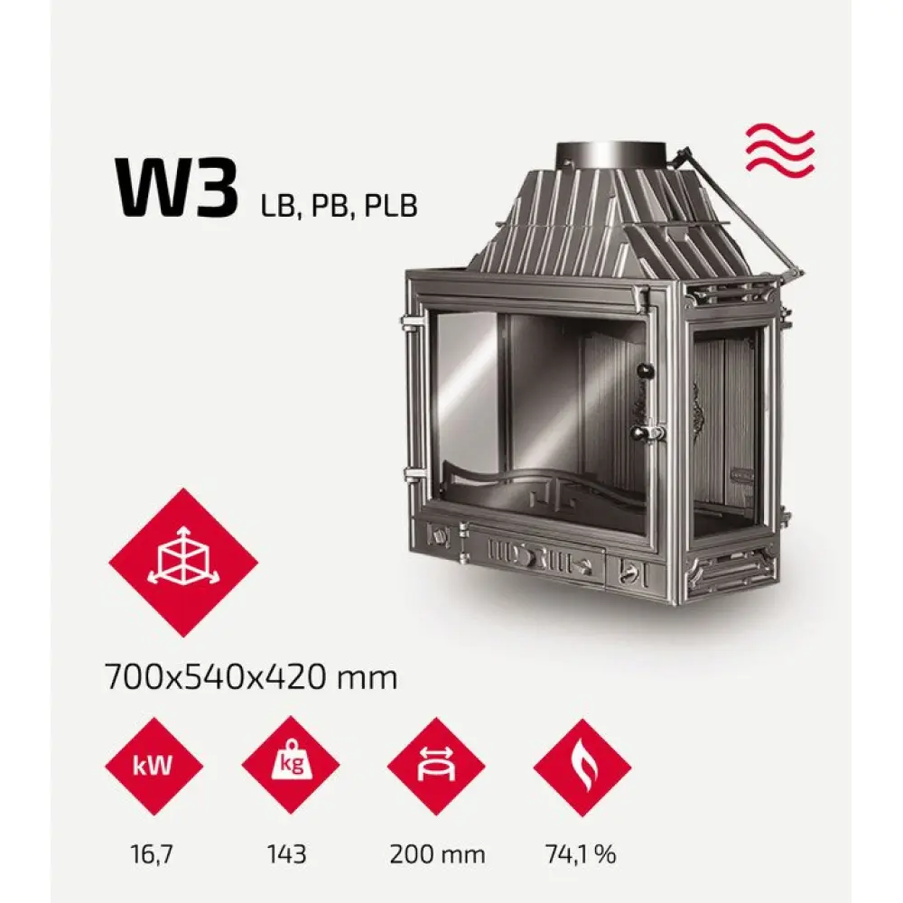 Камінна топка Kawmet W3 з лівим боковим склом (16.7 kW) чавунна