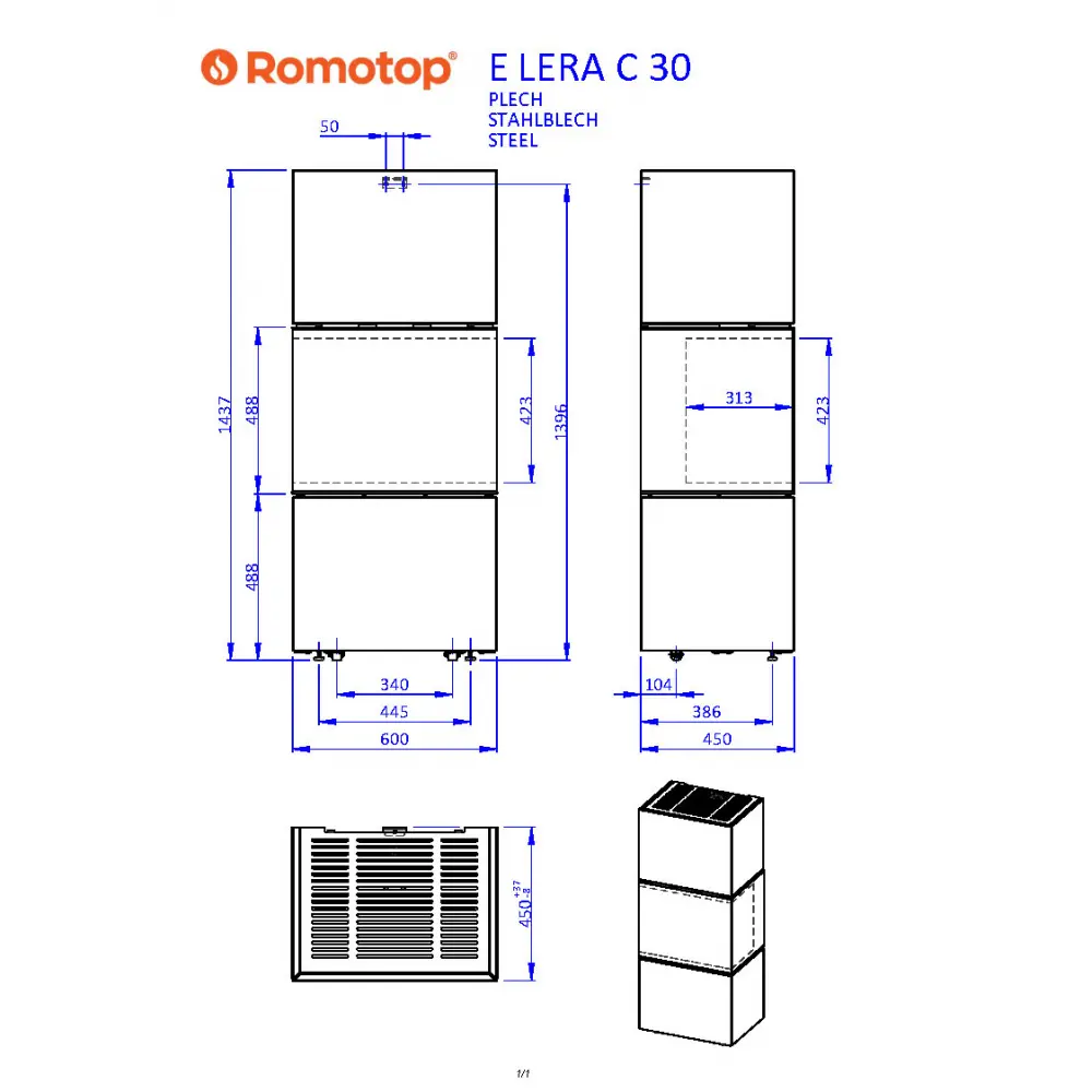 ROMOTOP e-LERA C 30 - трёхсторонний стальной дизайнерский электрокамин