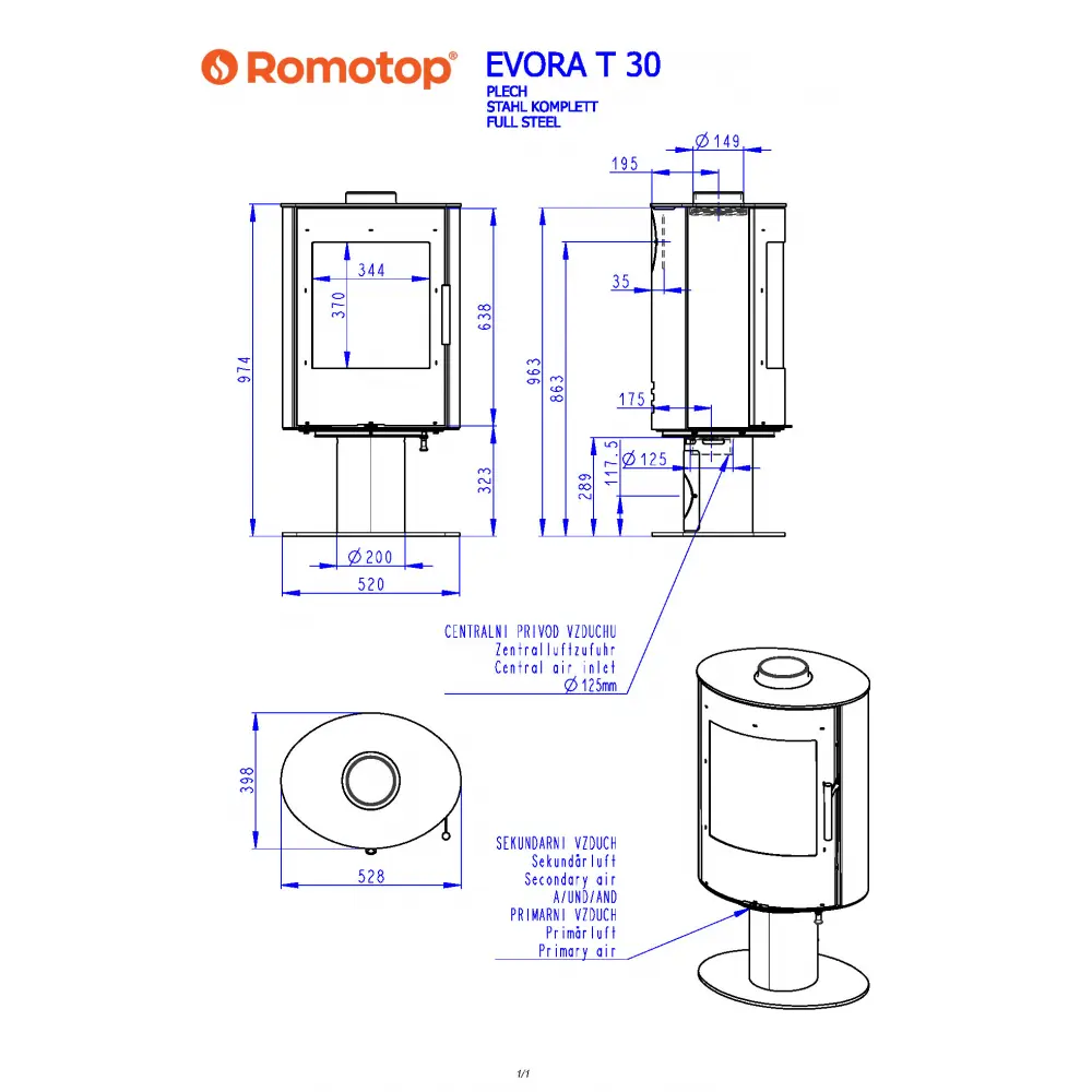 Каминная печь Romotop EVORA T 30 стальной корпус вращение 360