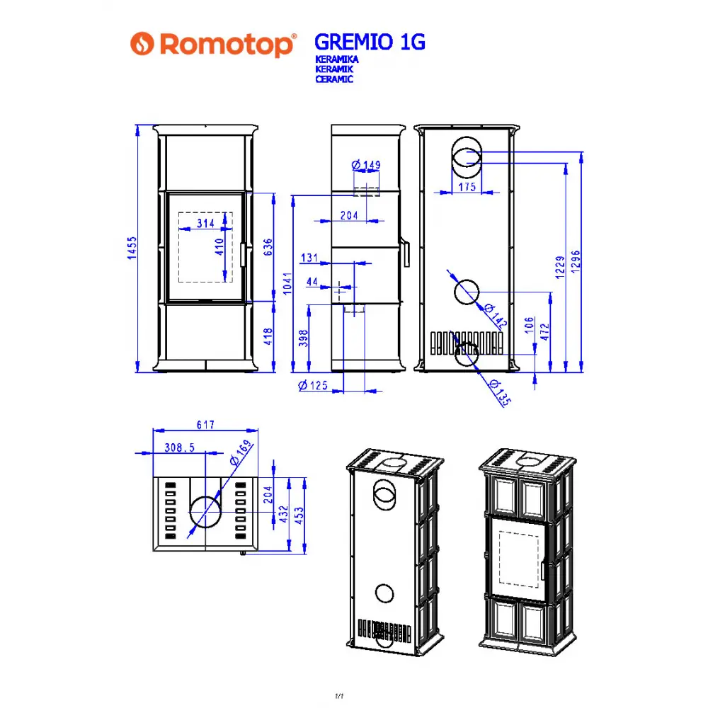 ROMOTOP GREMIO 1G - кафельная печь (современное стекло)