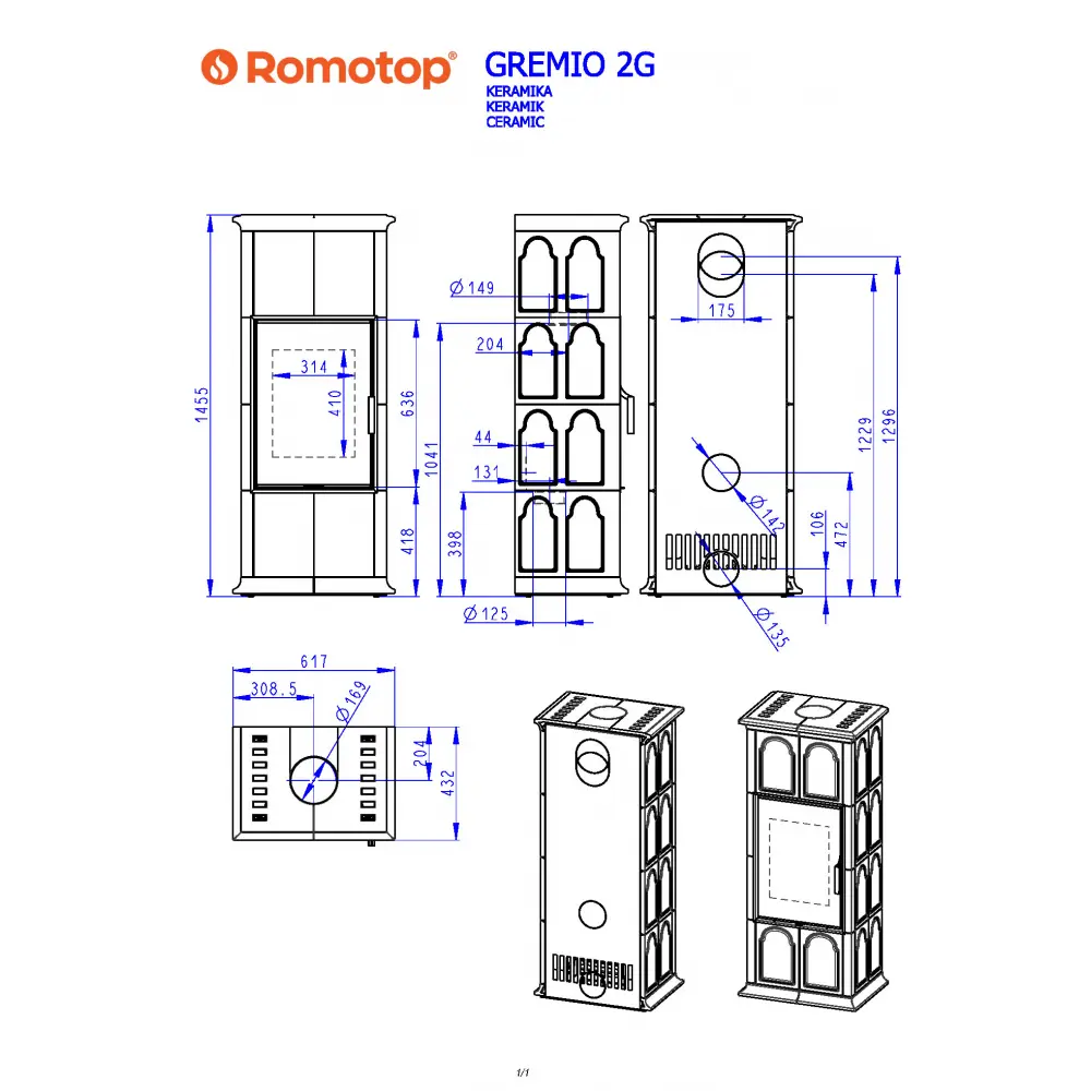 ROMOTOP GREMIO 2G - кафельная печь (современное стекло)
