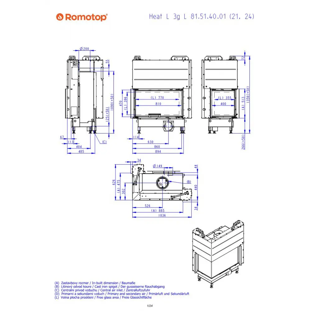 Каминная топка угловая Romotop HEAT L 3G L 81.51.40.24