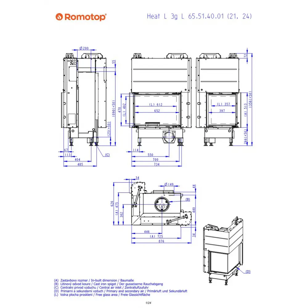 ROMOTOP HEAT L 3g L 65.51.40.26 - угловая каминная топка (тёмная камера)