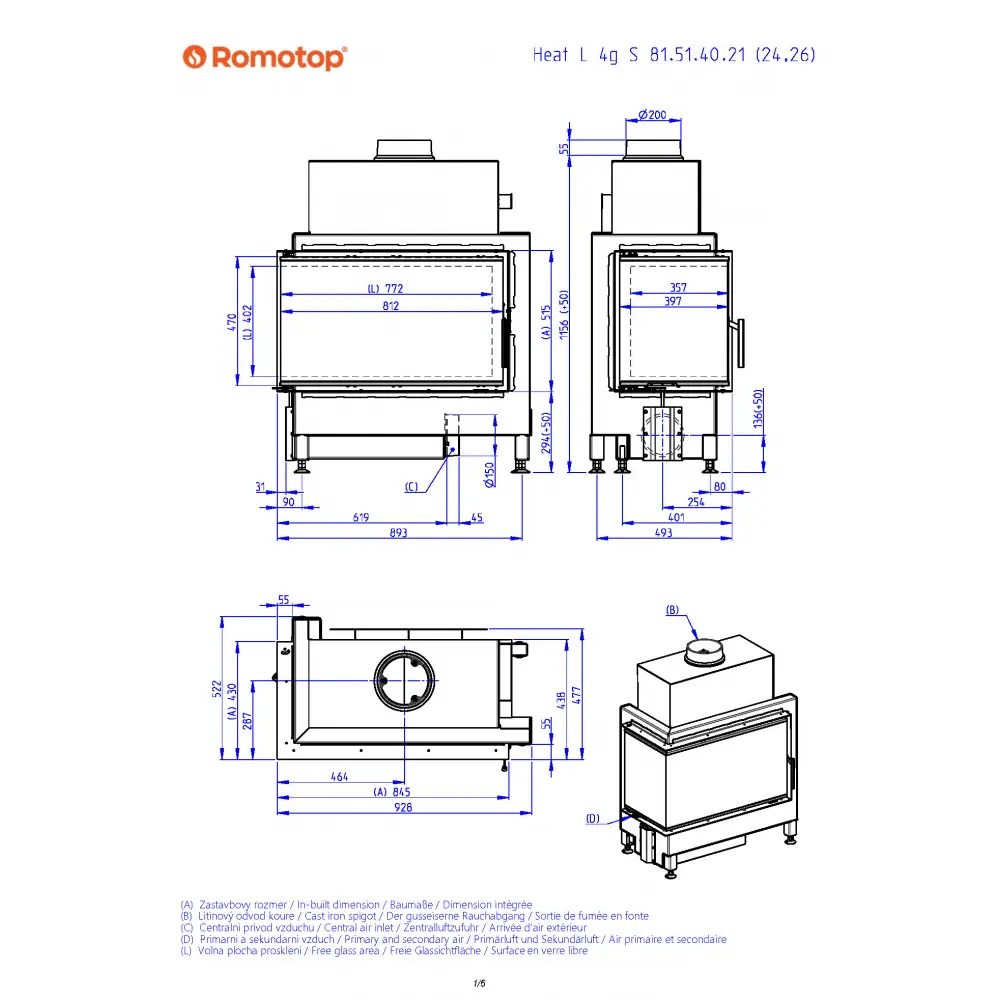 Каминная топка Romotop HEAT L 4g S 81.51.40.26 - угловая (тёмная камера)