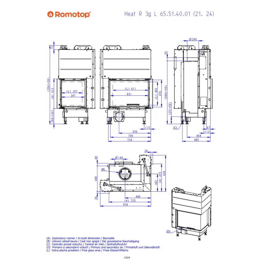 ROMOTOP HEAT R 3g L 65.51.40.26 - угловая каминная топка (тёмная камера)