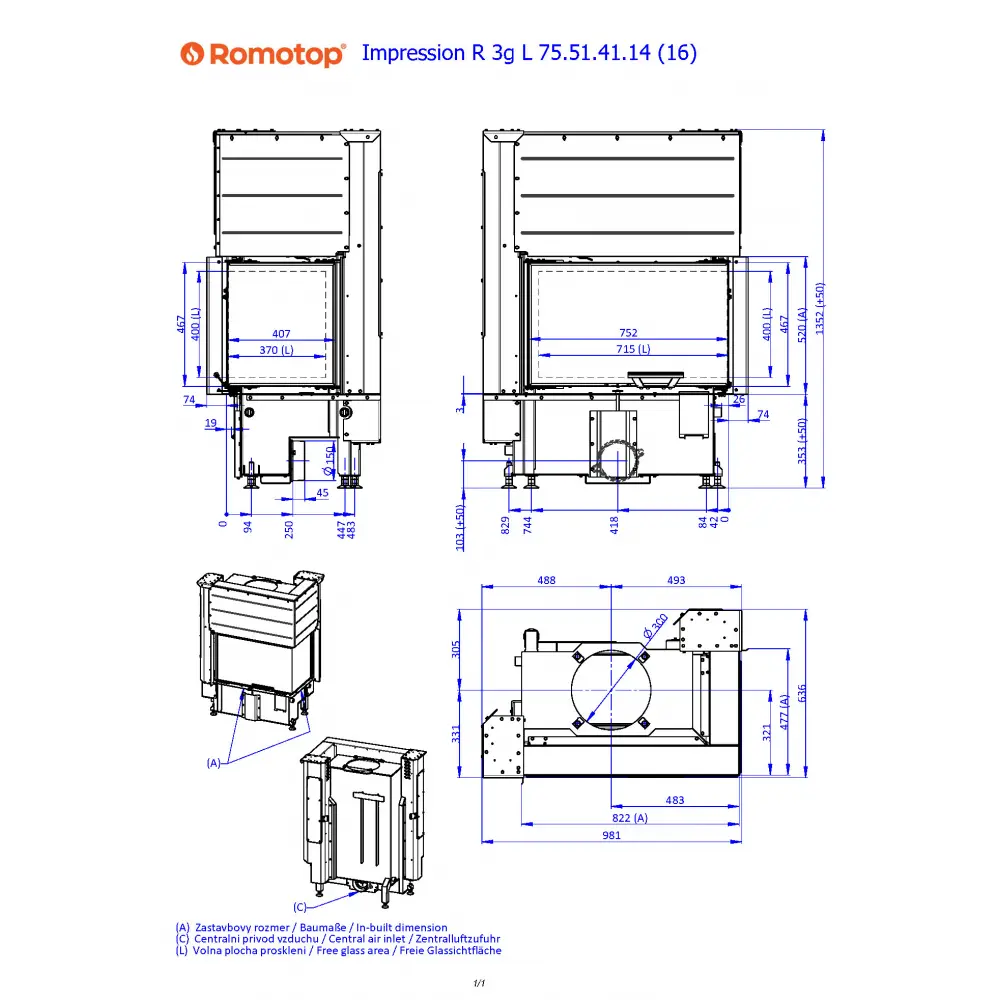 ROMOTOP IMPRESSION R 3G L 75.51.41.16 - кутова камінна топка з гільйотиною (темна камера)