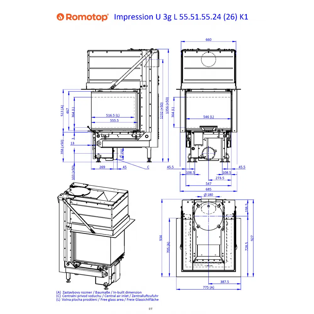 ROMOTOP IMPRESSION U 3G L 55.51.55.24 K1 - трёхсторонняя каминная топка