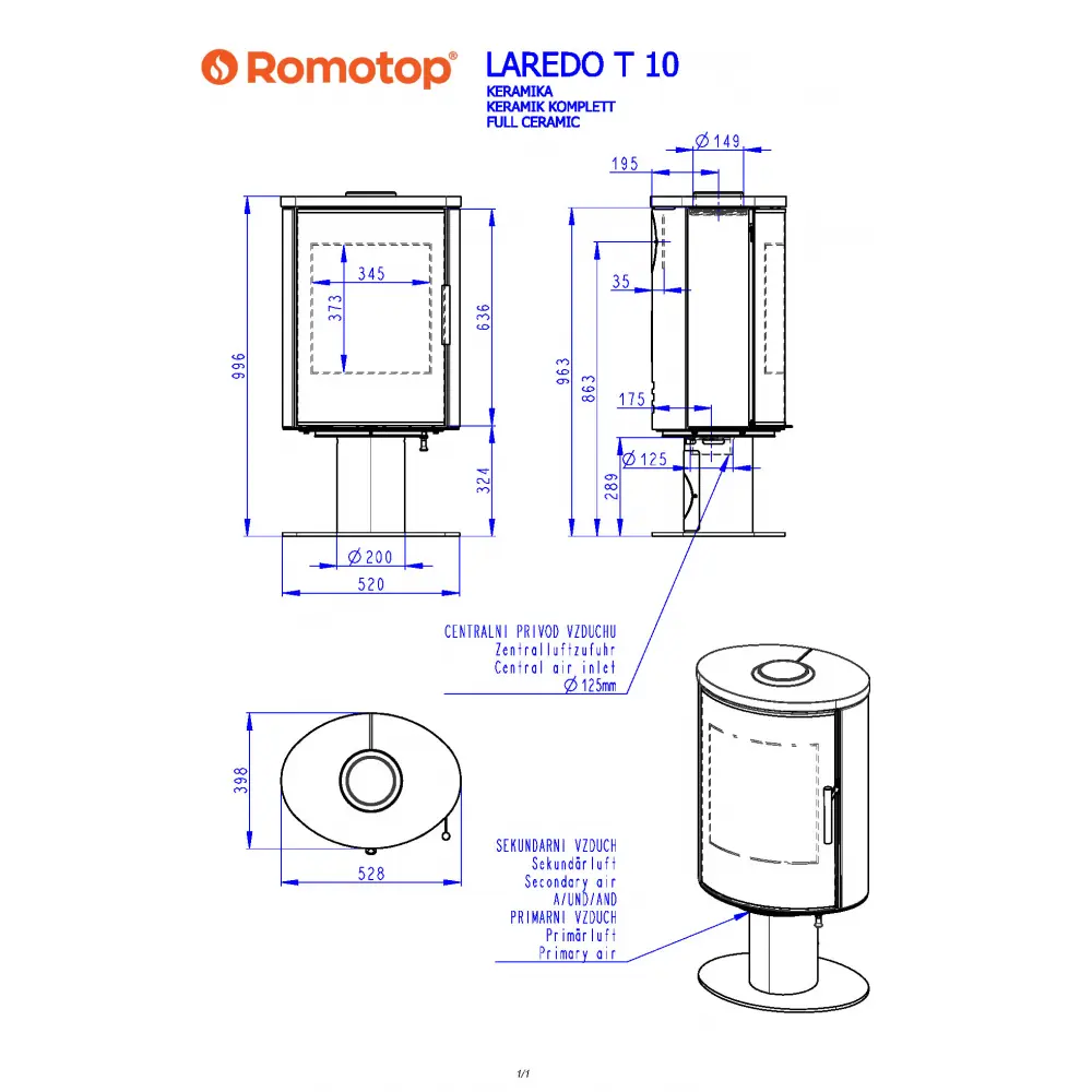 Камінна піч Romotop LAREDO T 10 (сталевий корпус кераміка зверху і з боків) обертання на 360