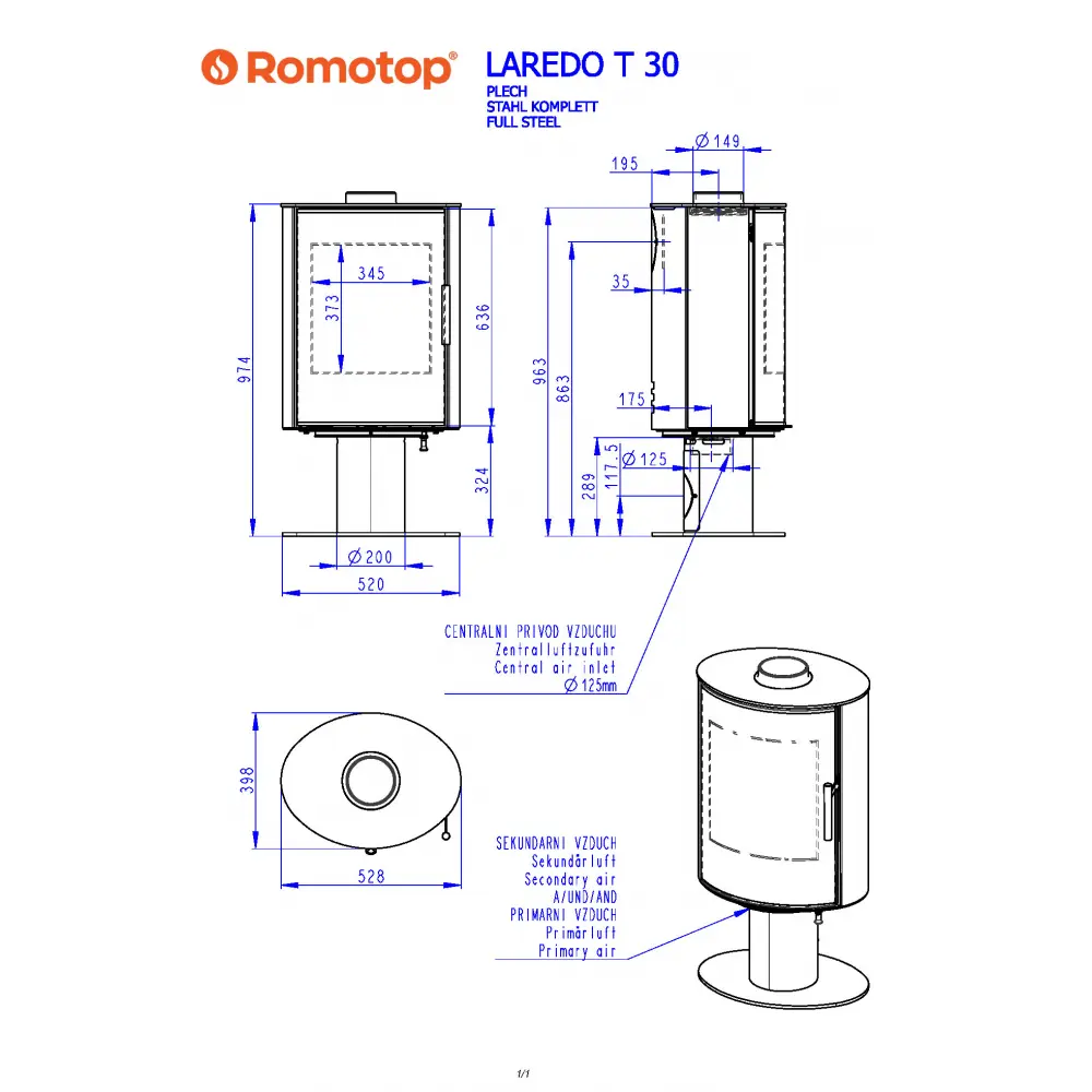 Камінна піч Romotop LAREDO T 30 листовий метал обертання на 360