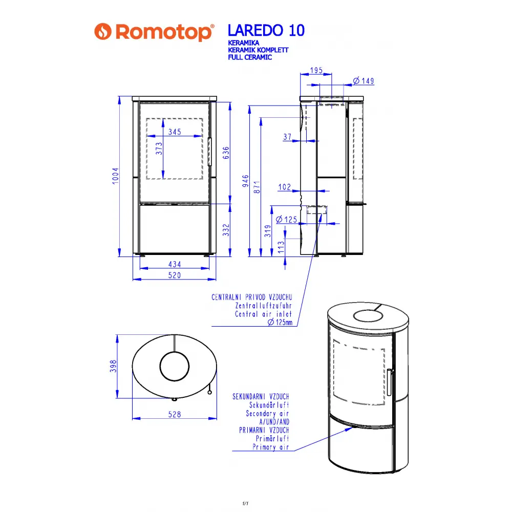 Каминная печь Romotop LAREDO 10 (стальной корпус + керамика сверху и с боков)