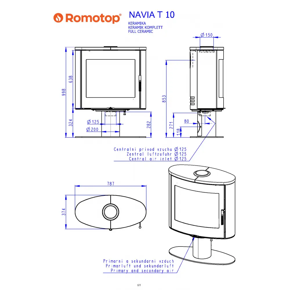 Поворотная каминная печь на ножке Romotop NAVIA T 10 керамика