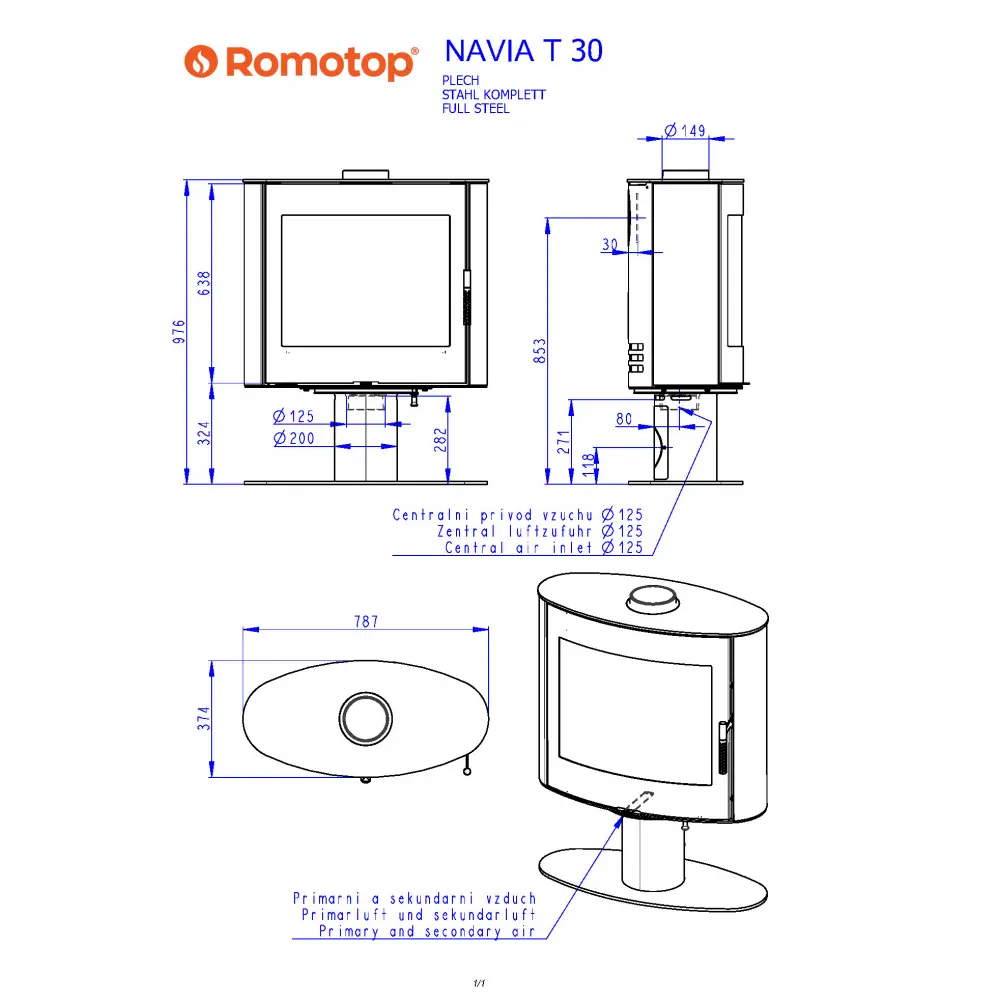 Поворотна камінна піч на ніжці Romotop NAVIA T 30 сталева