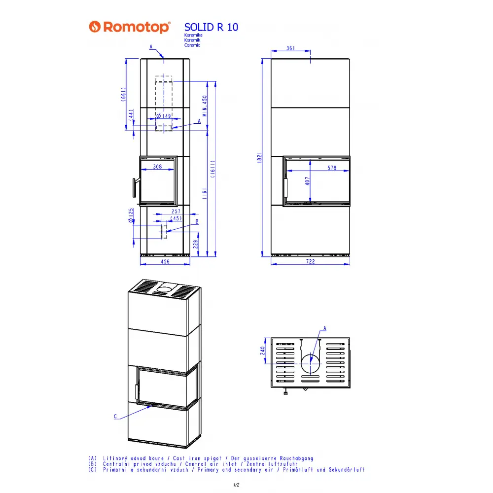 Камин кафельный с правым угловым стеклом ROMOTOP SOLID R