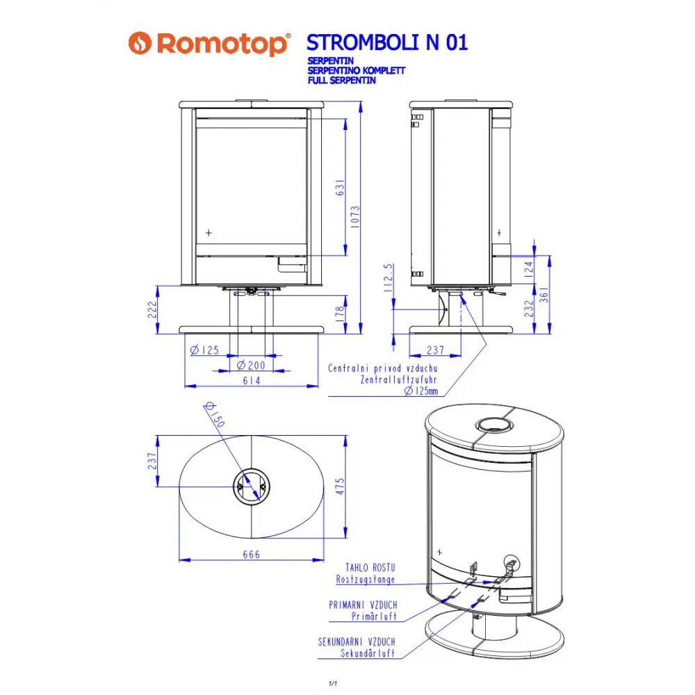Каминная печь Romotop STROMBOLI N01 (стальной корпус + натуральный камень сверху и с боков) вращение на 360
