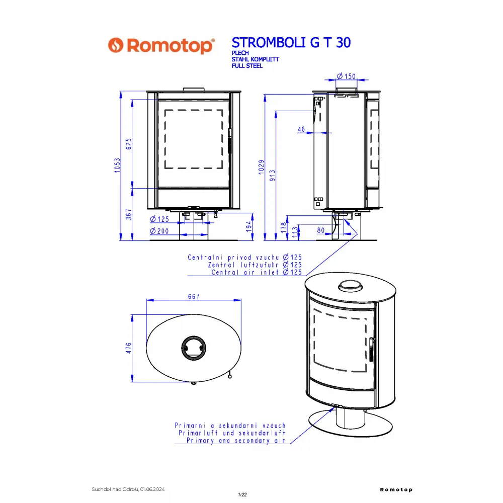 Поворотна камінна піч на ніжці Romotop STROMBOLI G T 30 - сталева