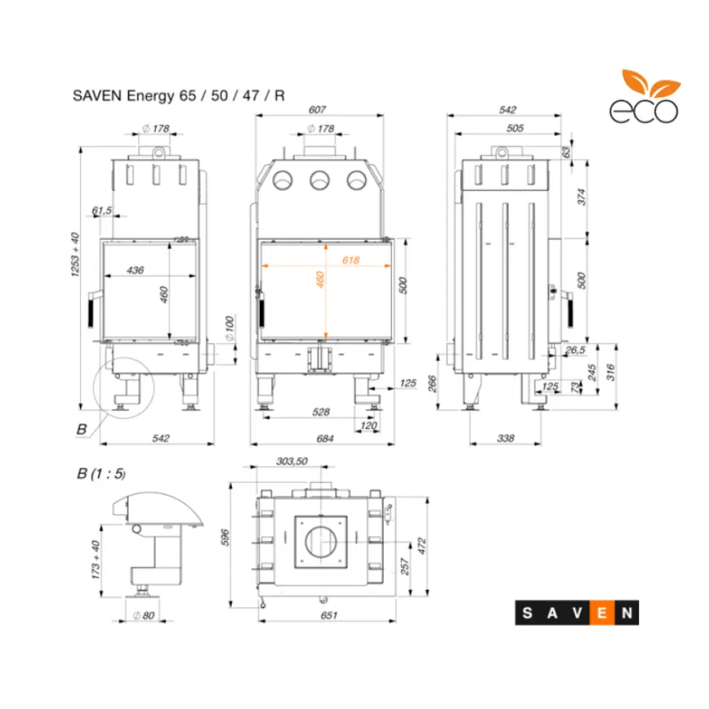 Каминная топка угловая SAVEN Energy 65х50х47R (14,5 kW) ECO