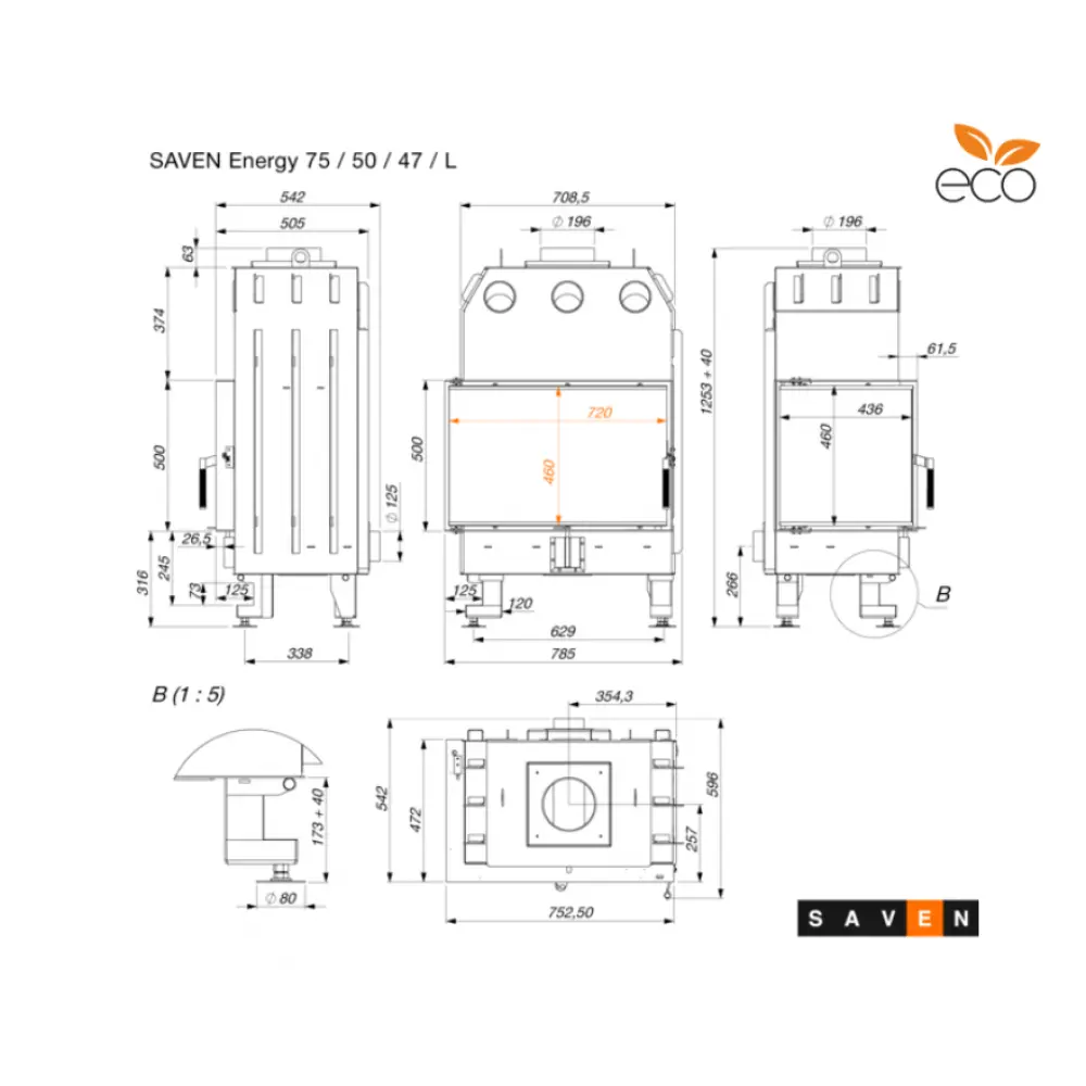 Каминная топка угловая SAVEN Energy 75х50х47L Black (15,1 kW) ECO