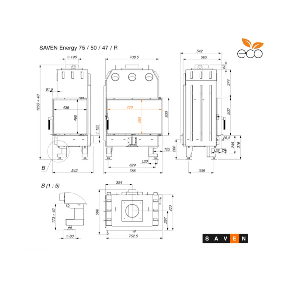 Каминная топка угловая SAVEN Energy 75х50х47R (15,1 kW) ECO