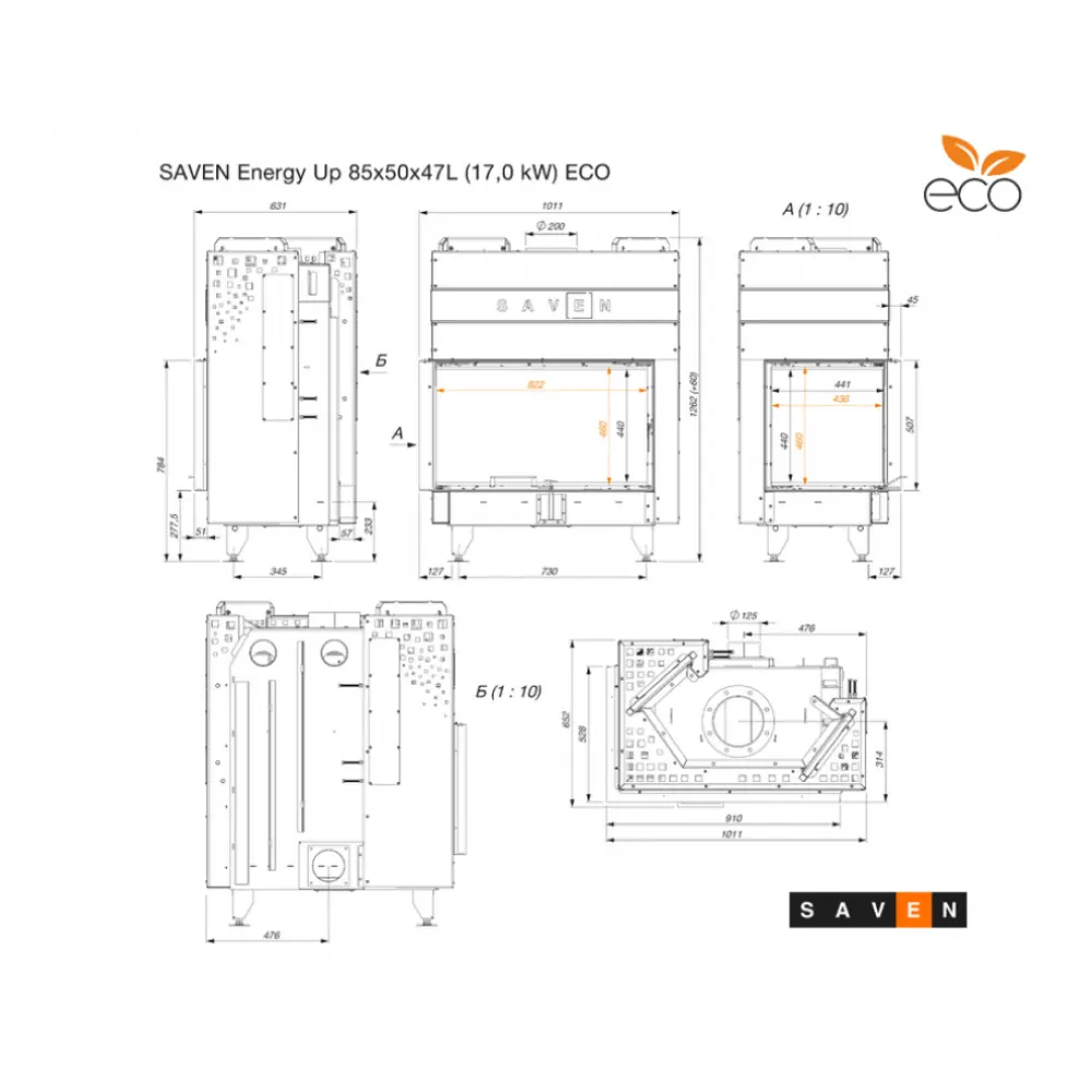 Каминная топка угловая SAVEN Energy Up 85х50х47L (17,0 kW) ECO