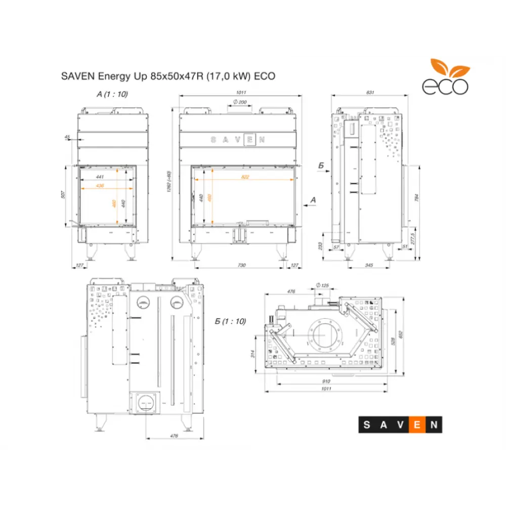 Каминная топка угловая SAVEN Energy Up 85х50х47R (17,0 kW) ECO