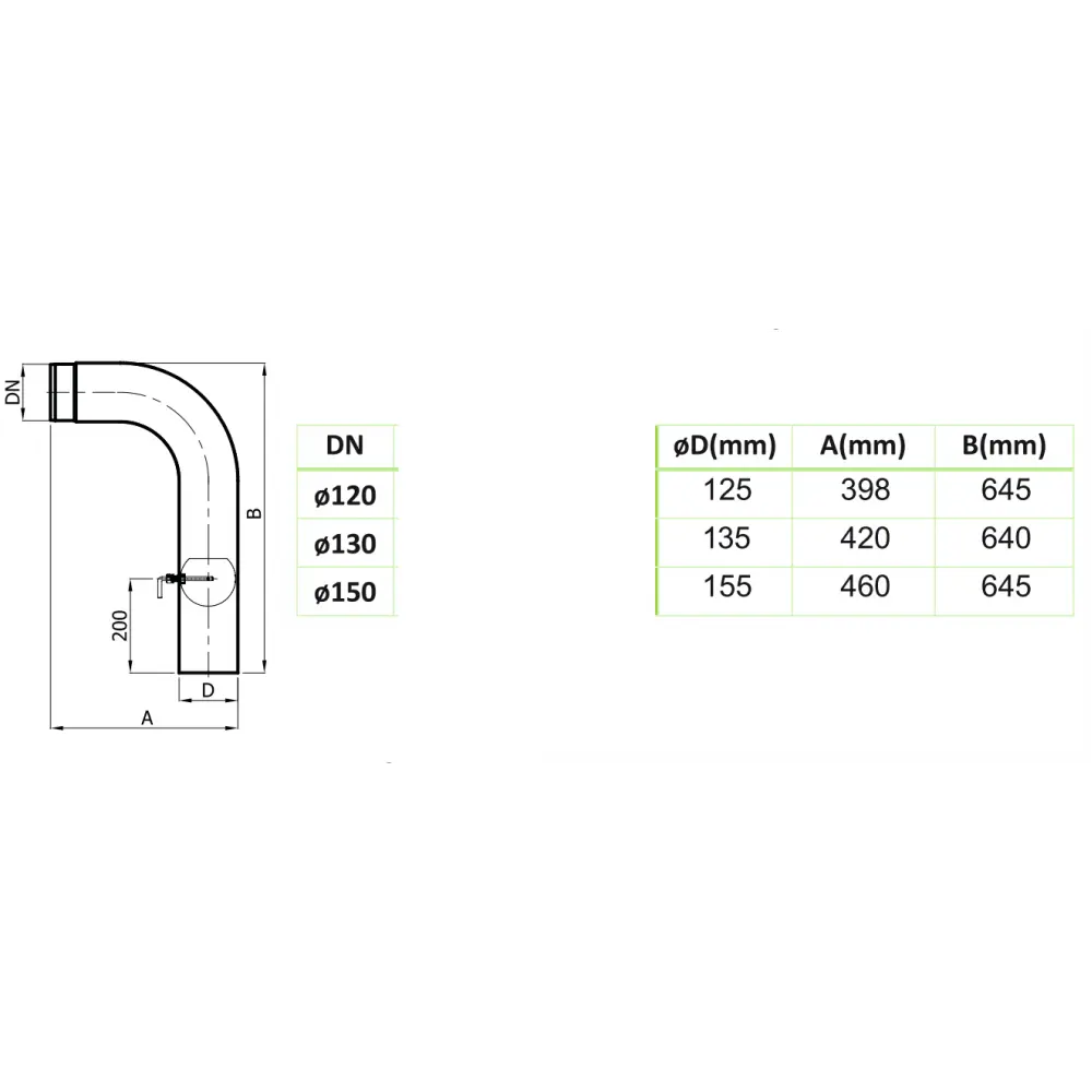 Колено гнутое высокое с шибером и ревизией 90 градусов d150