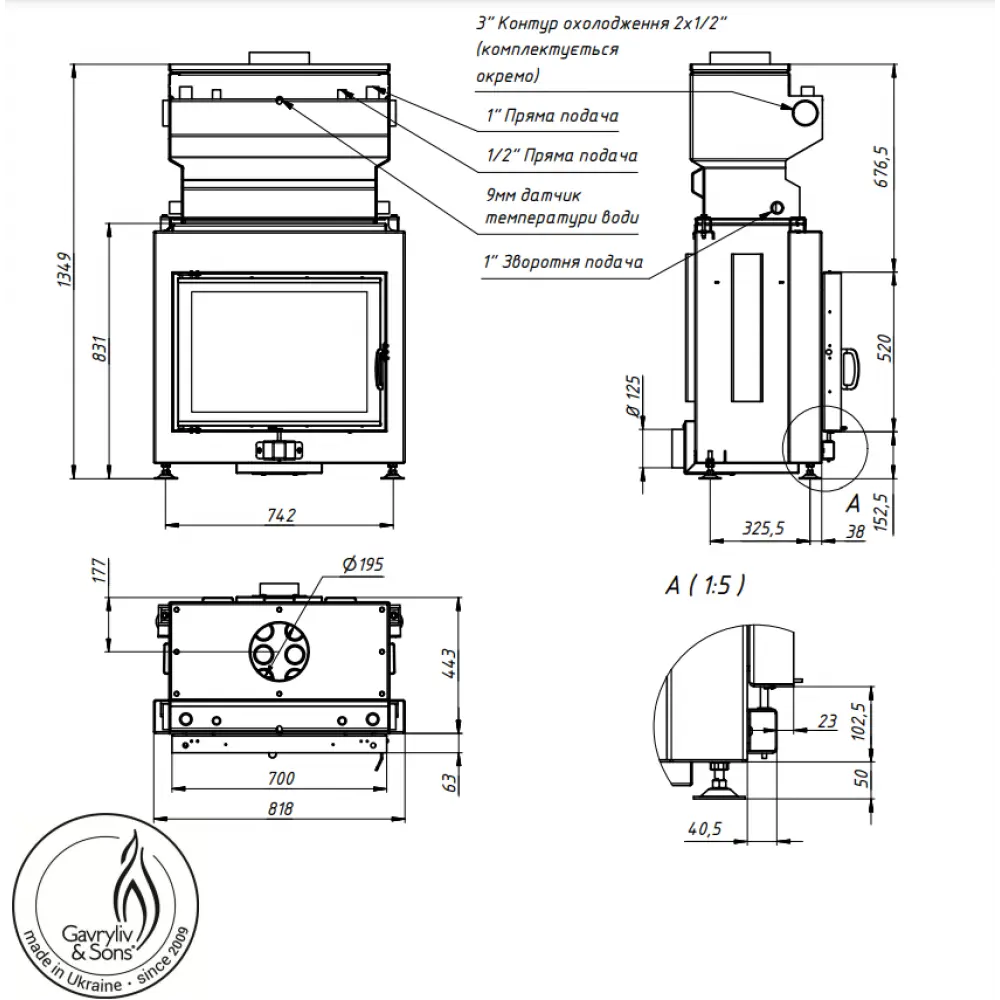 Каминная топка с водяным контуром Gavryliv & Sons 70х52 WM