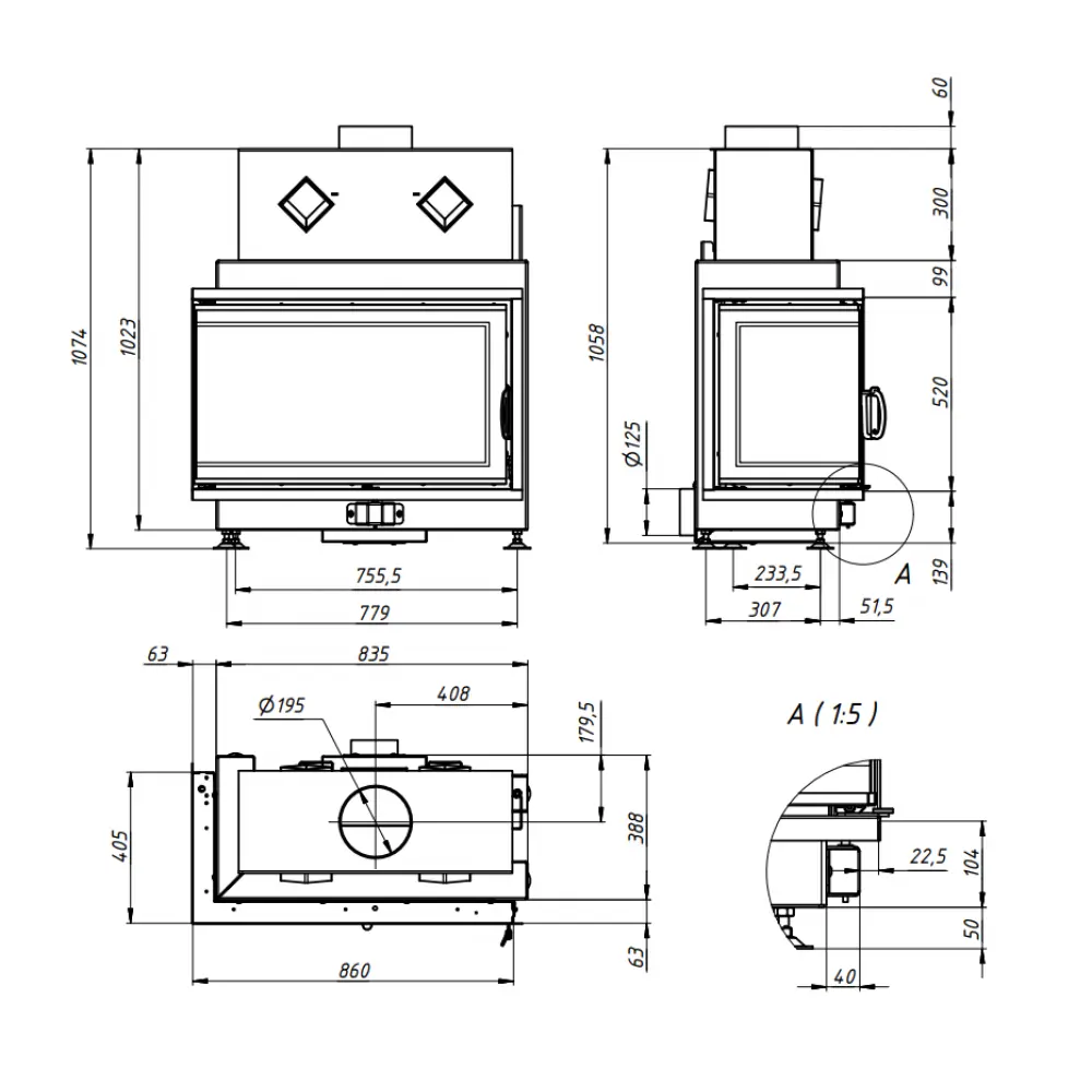 Угловая каминная топка Gavryliv&Sons 86x40x52 R