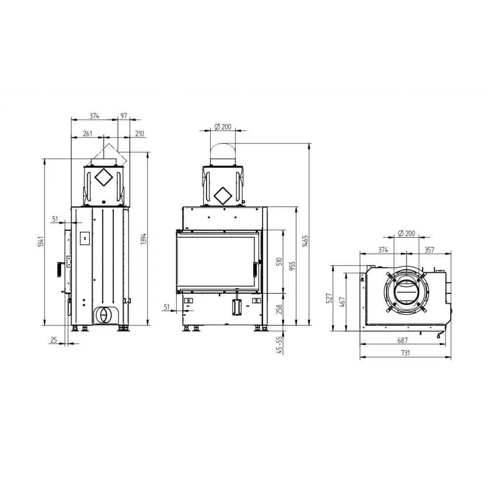 Каминная угловая топка Hoxter ECKA 67/45/51