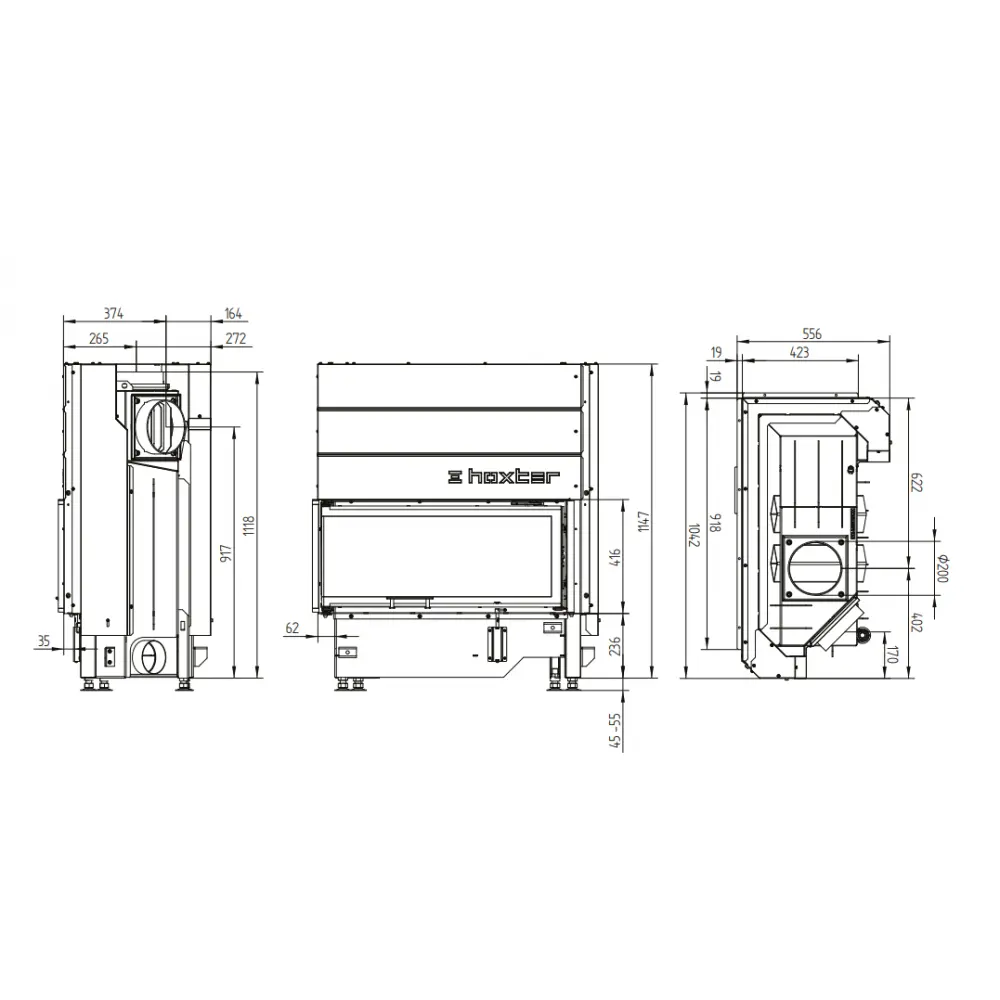 Каминная угловая топка Hoxter ECKA 90/40/40 h