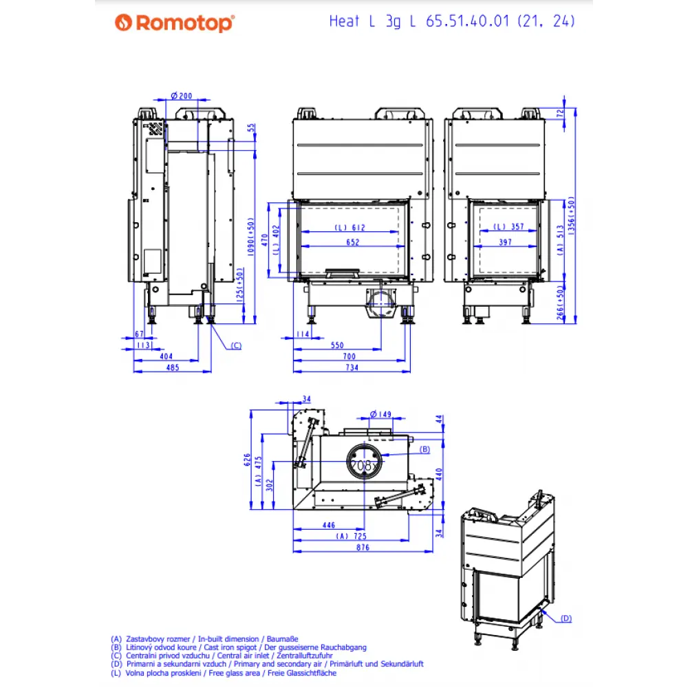 ROMOTOP HEAT R 3g L 65.51.40.24 - кутова права камінна топка з гільйотиною