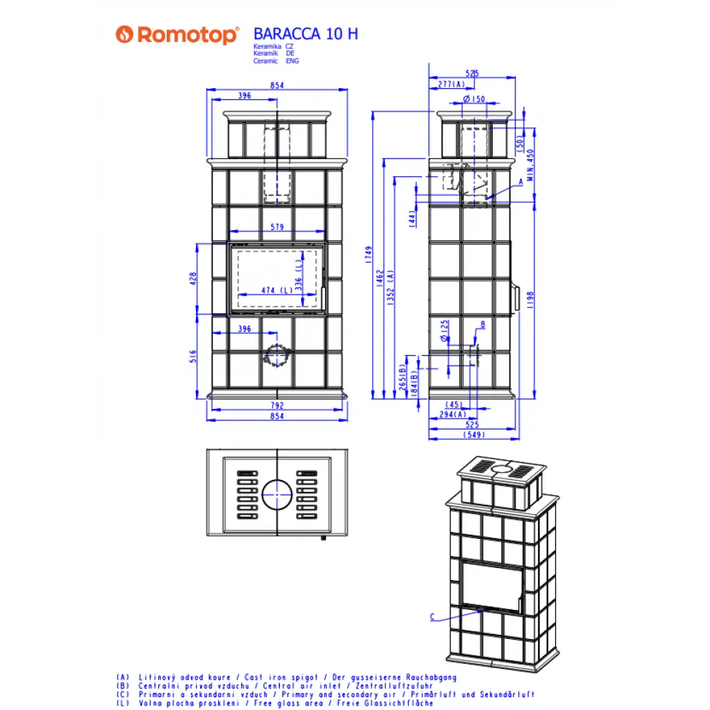 Кахельний камін Romotop BARACCA 10 H з вершиною - кахельний камін
