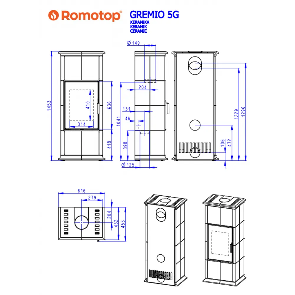 Кафельная печь-камин (современное стекло) Romotop GREMIO 5G