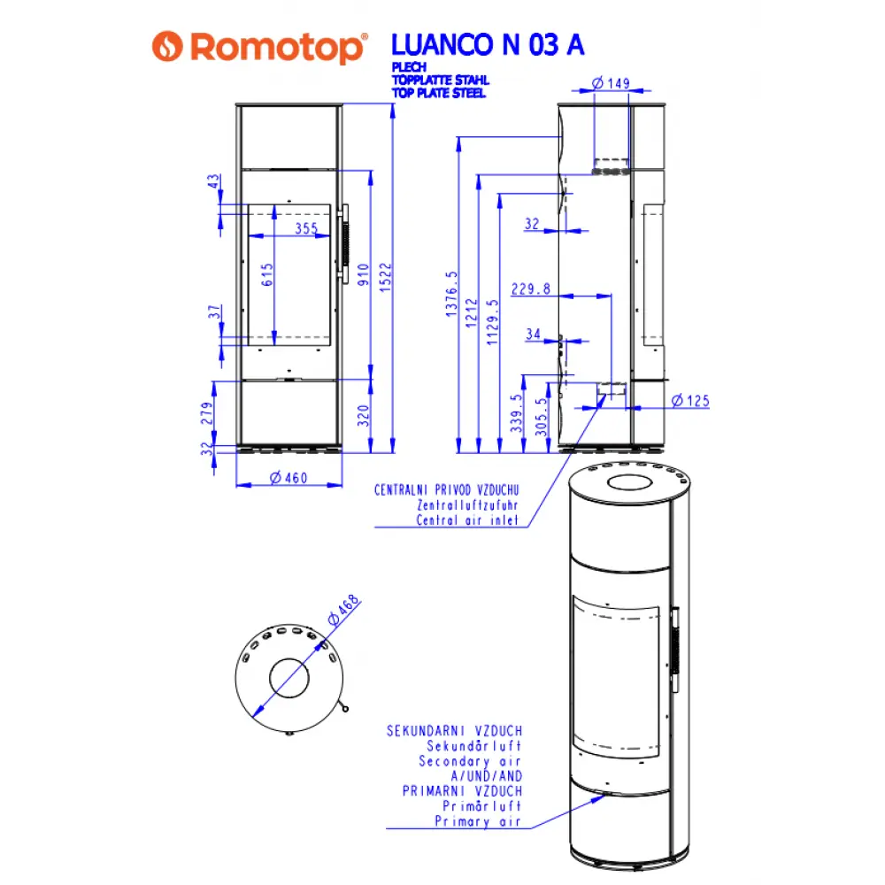 Камінна піч Romotop LUANCO N 03 AKUM листовий метал під акумуляцію