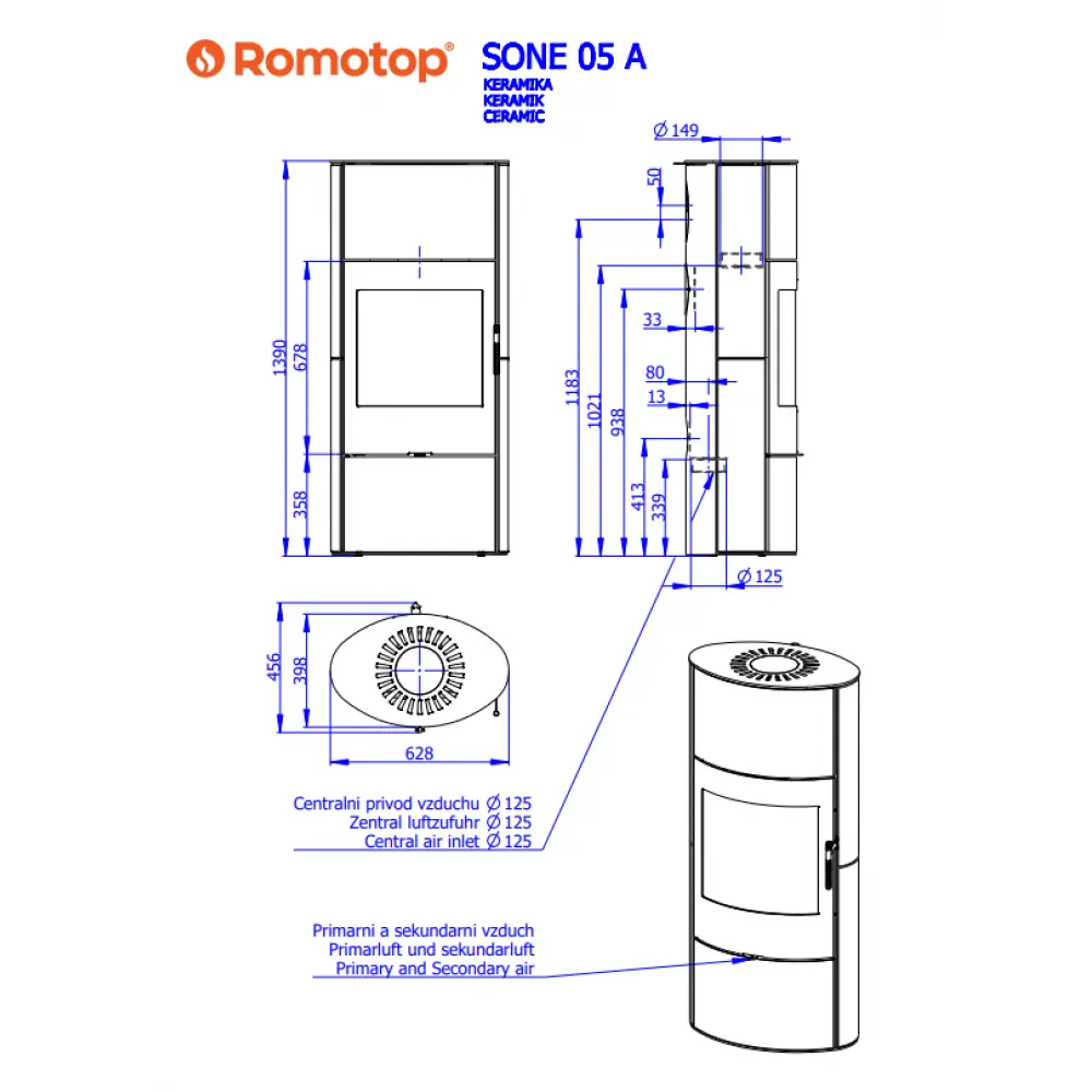 Каминная печь Romotop SONE H 10 керамика под аккумуляцию