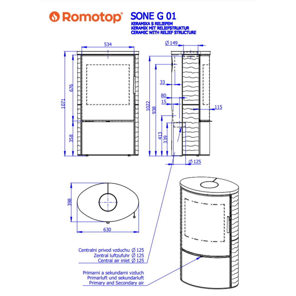 Камінна піч Romotop SONE G 11 рельєфна кераміка Камінна піч Romotop SONE G 11 рельєфна кераміка