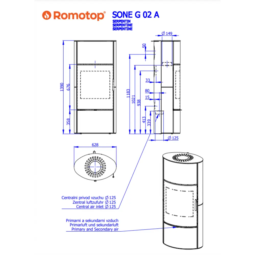 Каминная печь Romotop SONE G H 22 камень под аккумуляцию