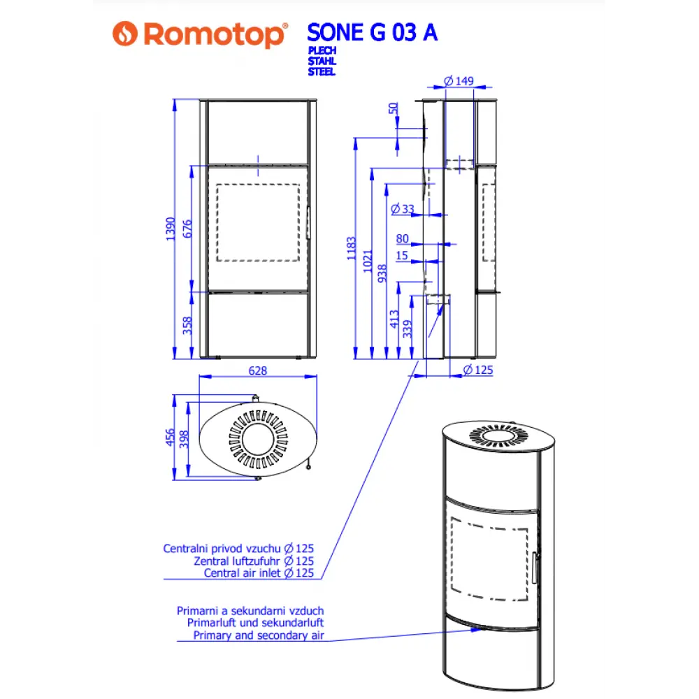 Каминная печь Romotop SONE G H 30 металл под аккумуляцию