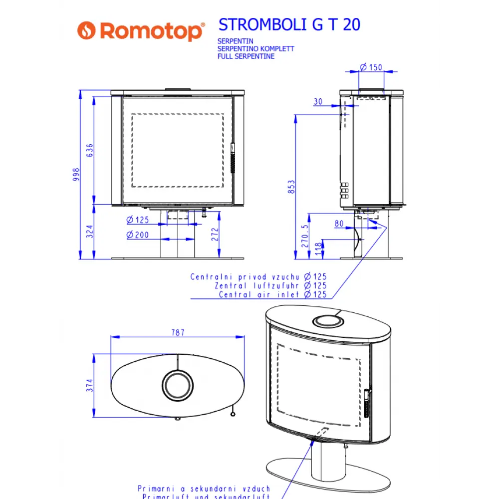 Поворотная каминная печь на ножке Romotop STROMBOLI G T 20 камень