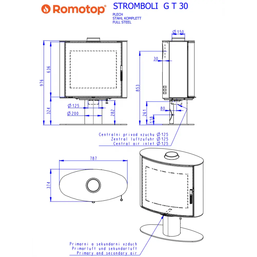 Поворотная каминная печь на ножке Romotop STROMBOLI G T 30 стальная