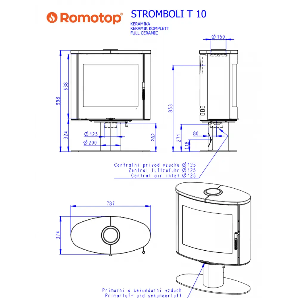 Поворотна камінна піч на ніжці Romotop STROMBOLI T 10 кераміка